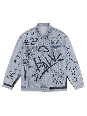 Retro Hand-painted Washed Graffiti Denim Jacket - sneakershuborg