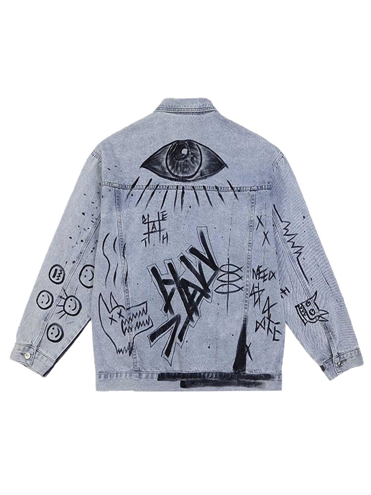 Retro Hand-painted Washed Graffiti Denim Jacket - sneakershuborg