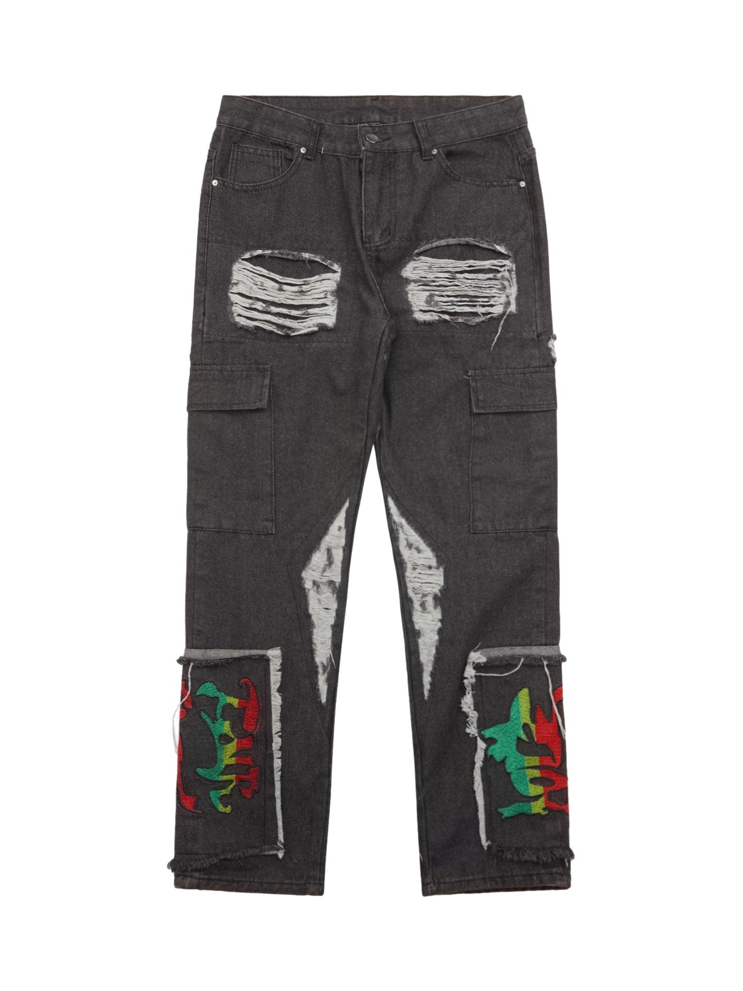 Sneakerhub Destruction Brushed Hip Hop Embroidered Jeans - sneakershuborg