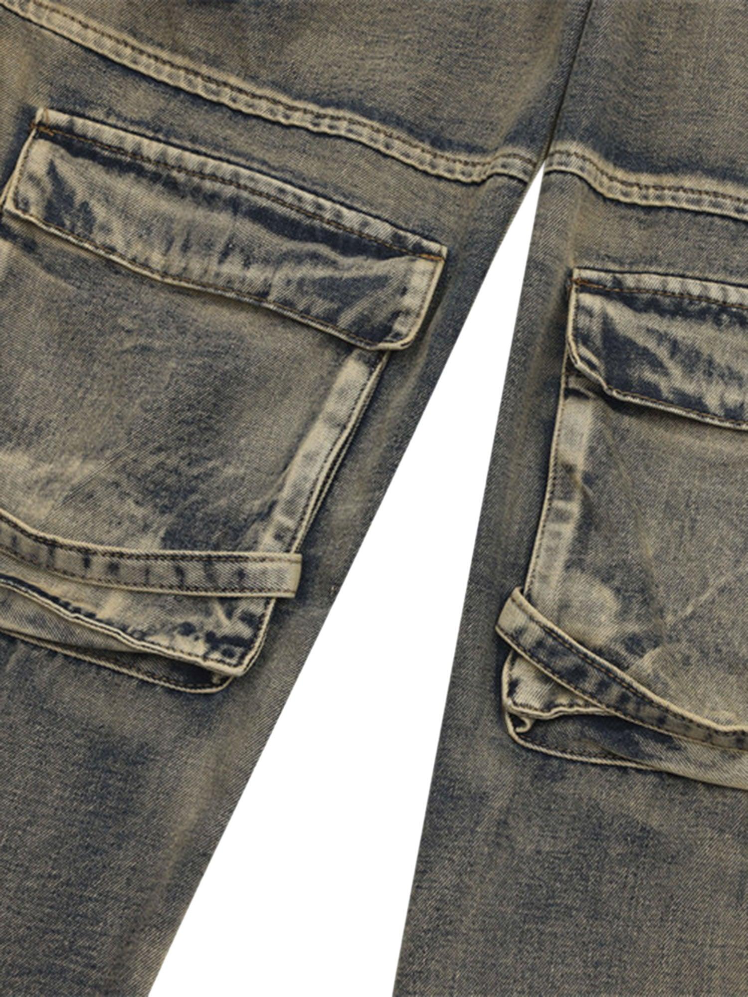 Wasteland Style Multi-pocket Washed Denim Jeans - sneakershuborg