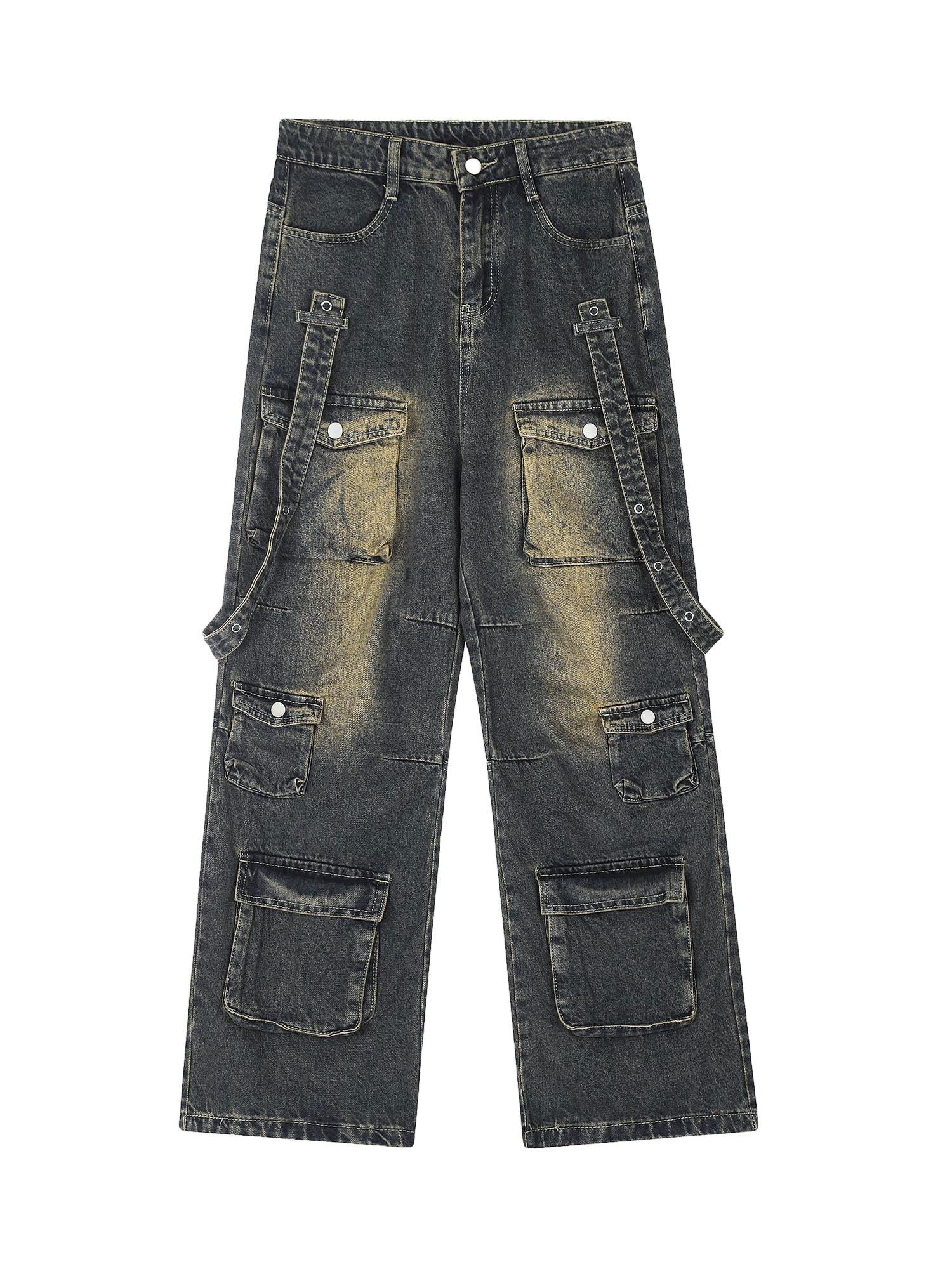 Sneakerhub Vintage Washed Web Rivets Hip-Hop Jeans - sneakershuborg