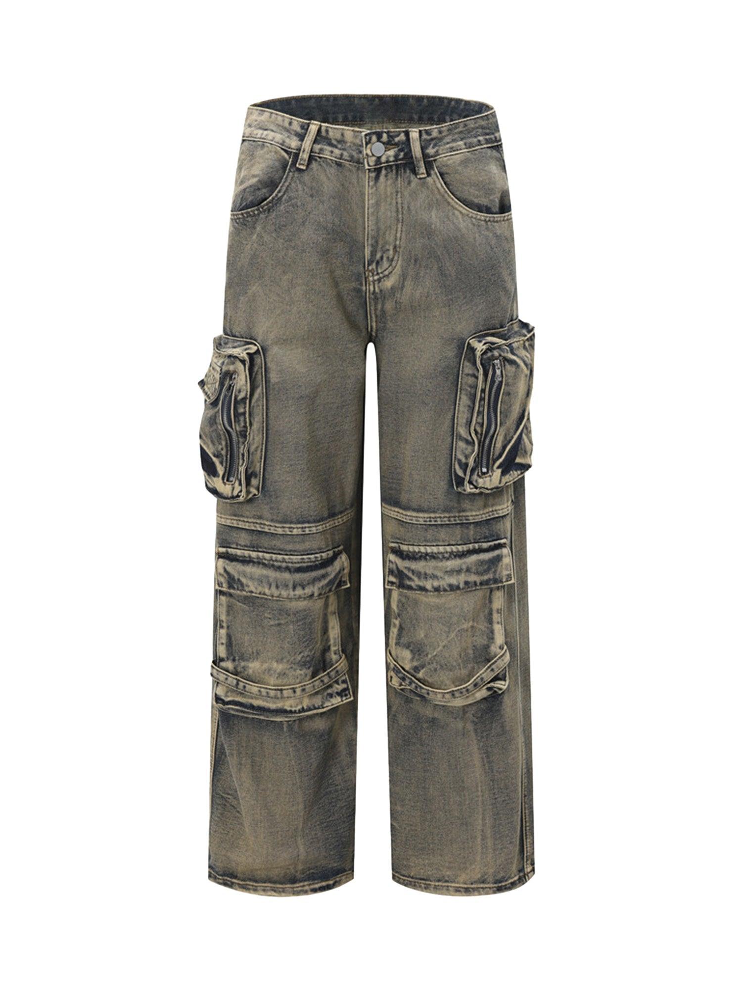 Wasteland Style Multi-pocket Washed Denim Jeans - sneakershuborg