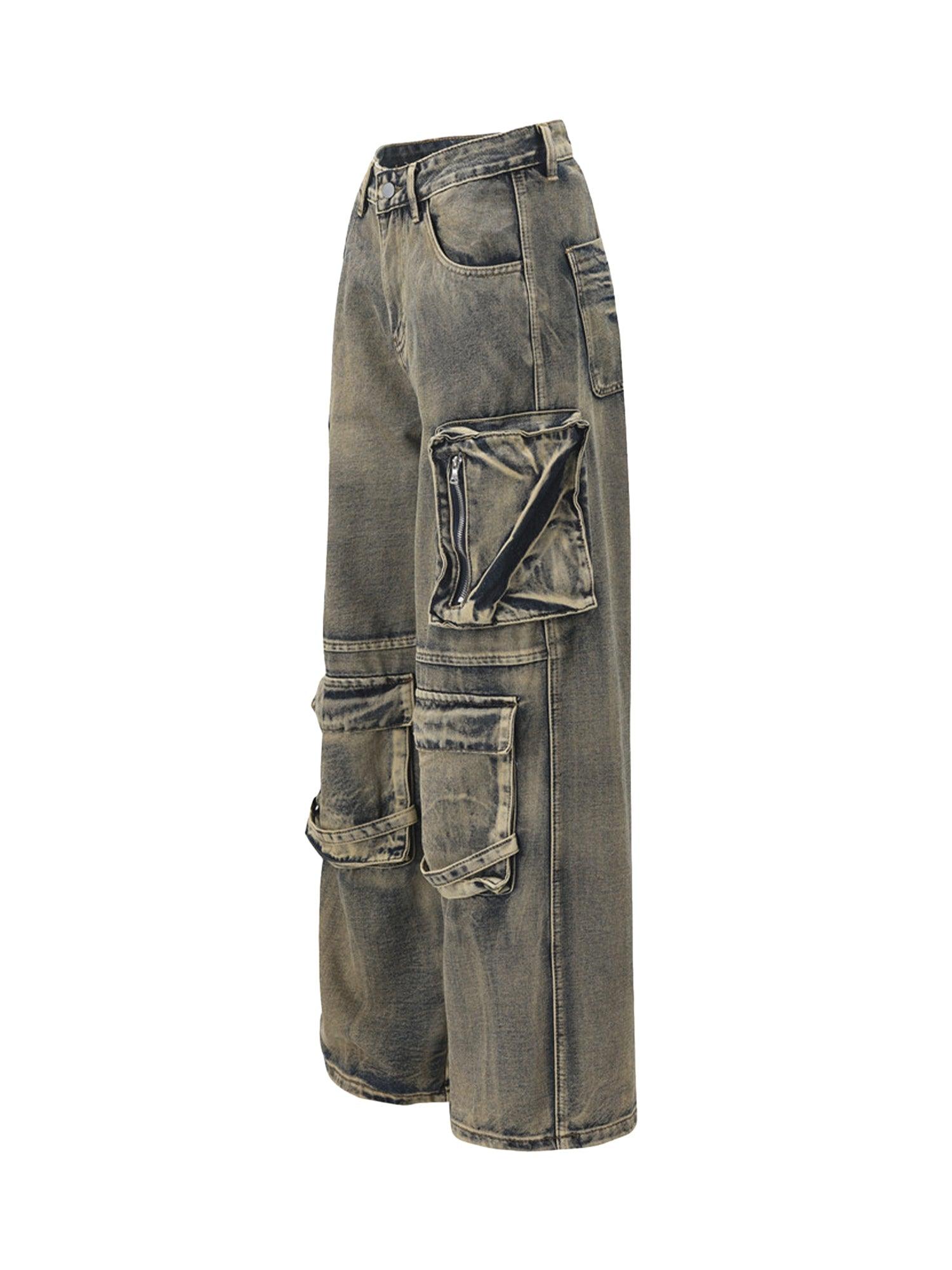 Wasteland Style Multi-pocket Washed Denim Jeans - sneakershuborg