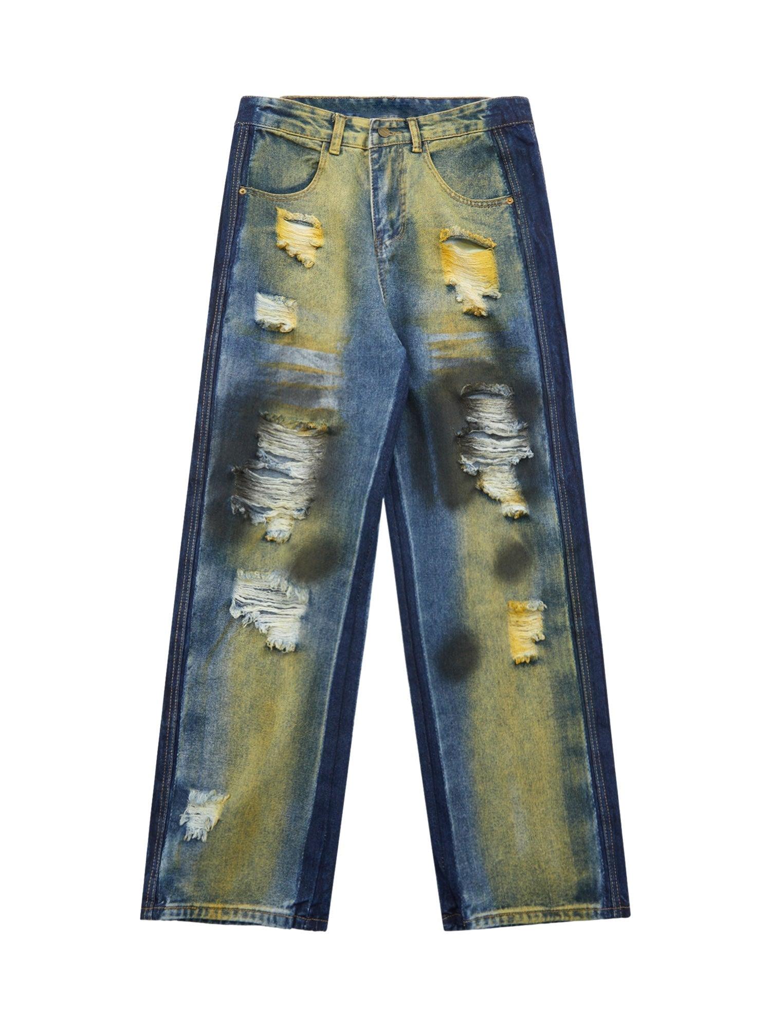 Sneakerhub Hip-hop Washed Distressed Loose Spray-dyed Jeans - sneakershuborg