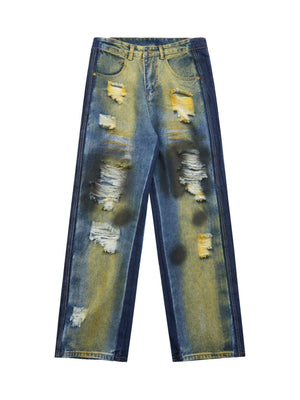 Sneakerhub Hip-hop Washed Distressed Loose Spray-dyed Jeans - sneakershuborg