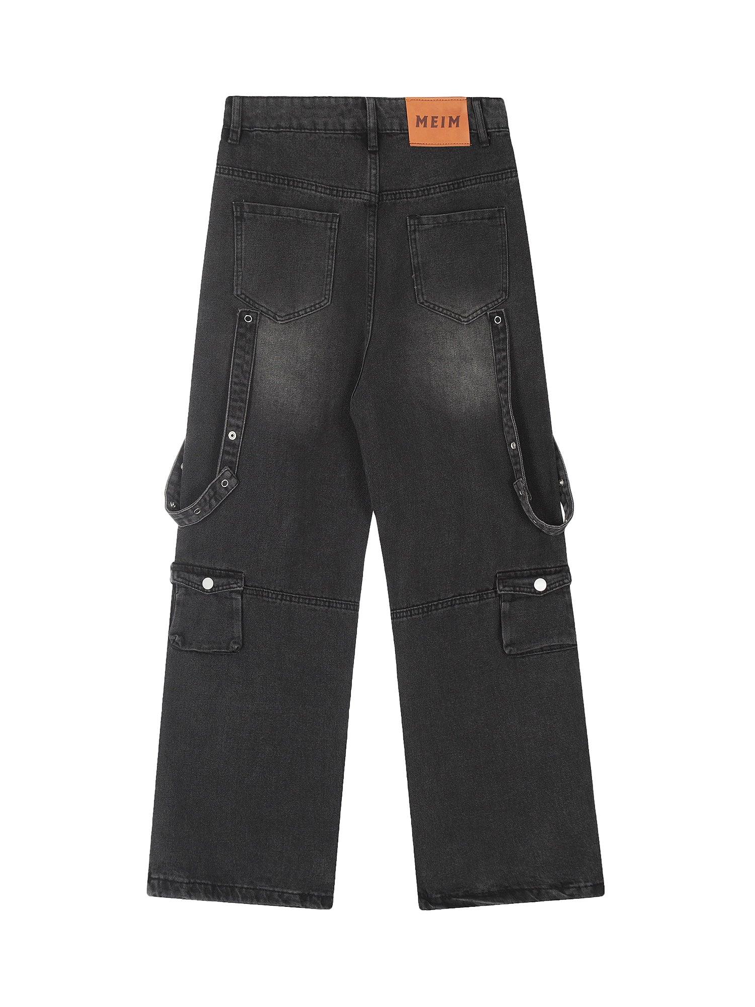 Sneakerhub Vintage Washed Web Rivets Hip-Hop Jeans - sneakershuborg