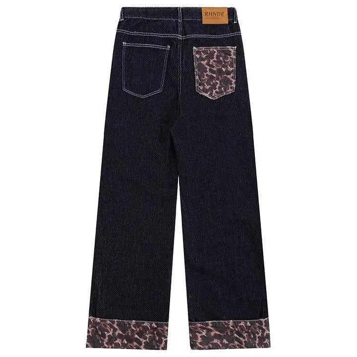 Sneakerhill® Baggy Black Jeans Leopard Patchwork - sneakershuborg