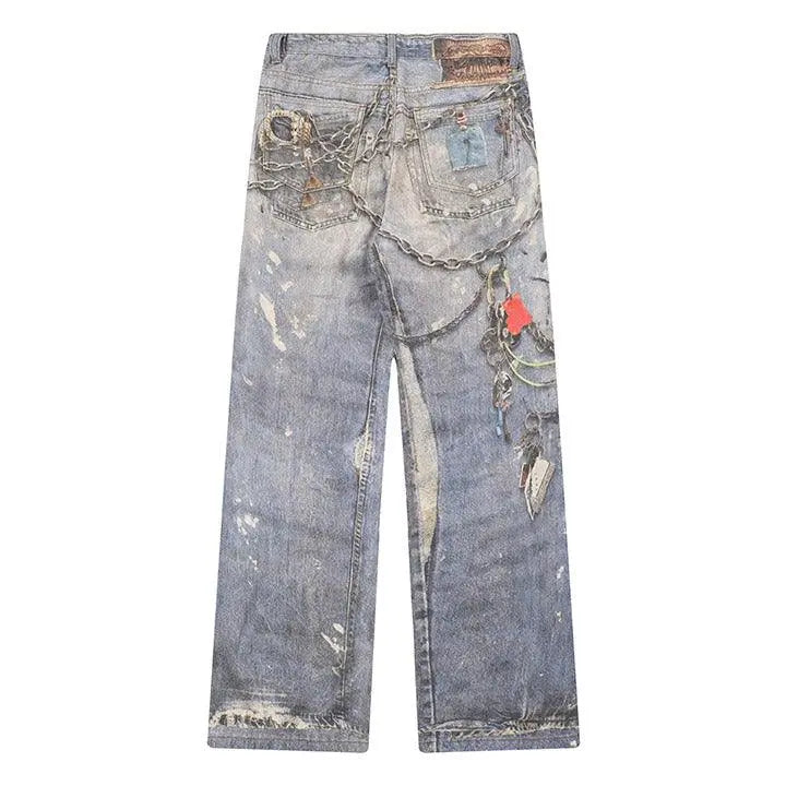 Sneakerhill® Baggy Washed Jeans Chains Print - sneakershuborg