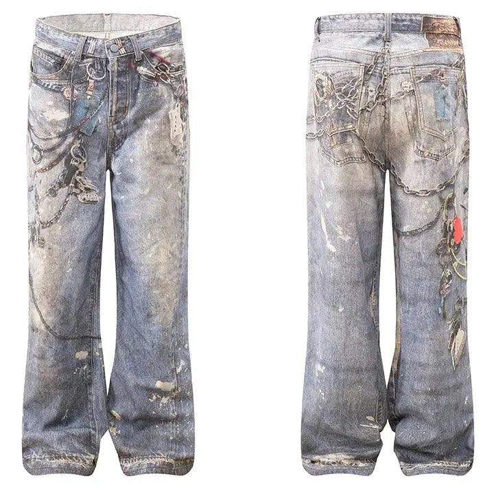 Sneakerhill® Baggy Washed Jeans Chains Print - sneakershuborg