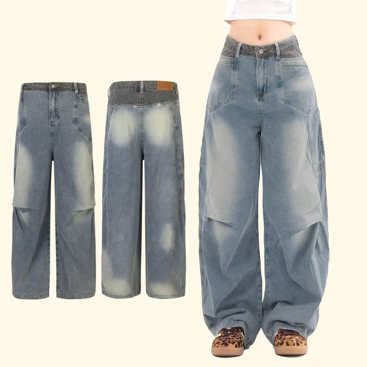 Sneakerhill® Faded Wash Jeans Side Pleated - sneakershuborg