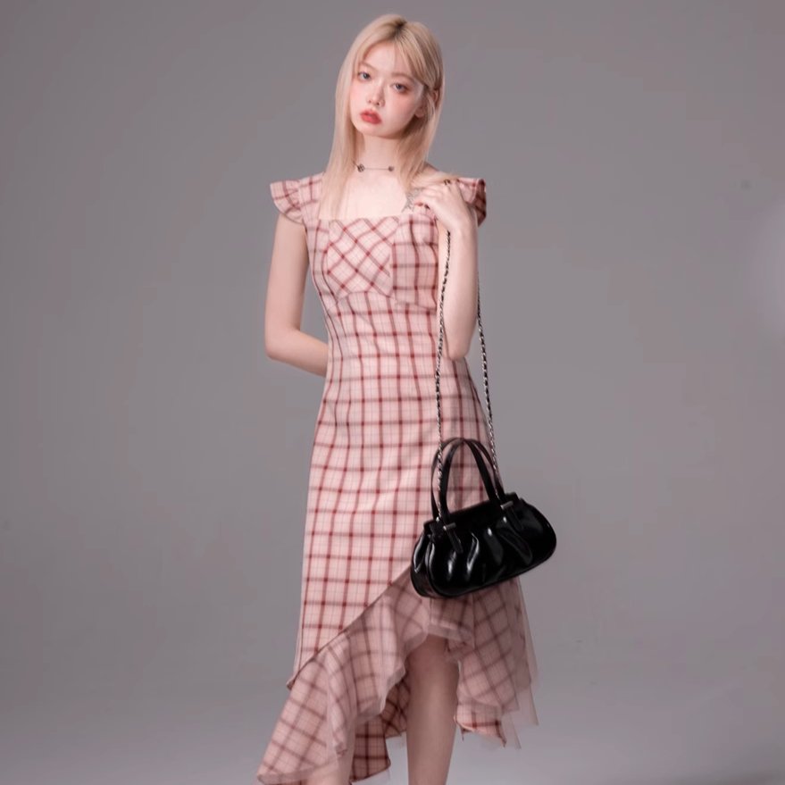 Blush Plaid Flutter Midi Dress sneakershuborg