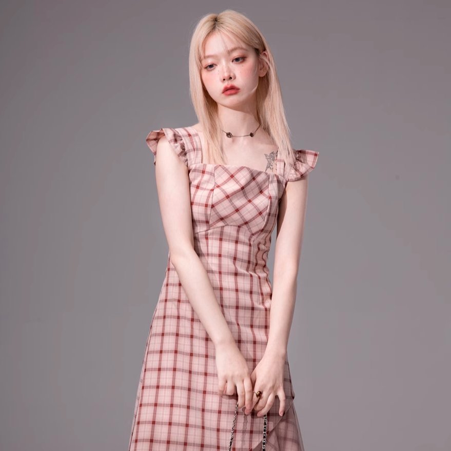 Blush Plaid Flutter Midi Dress sneakershuborg