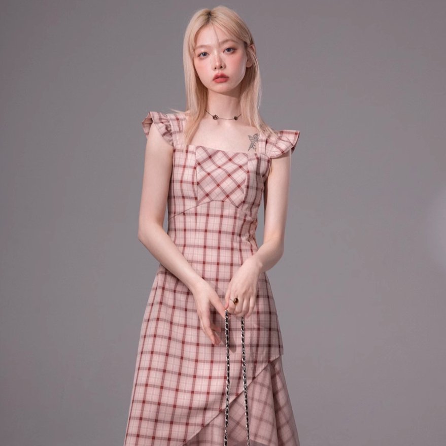 Blush Plaid Flutter Midi Dress sneakershuborg